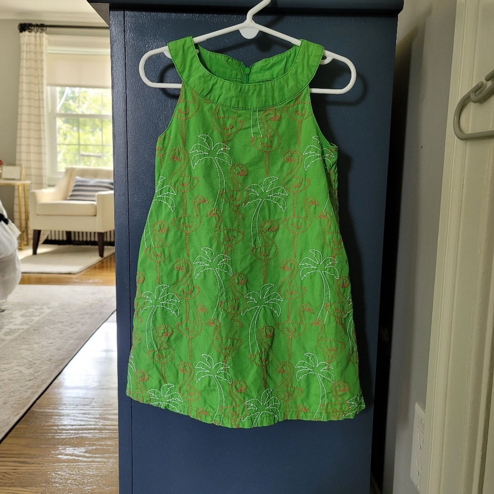 Green Flamingo & Palm Trees Dress with Pockets. 3T
